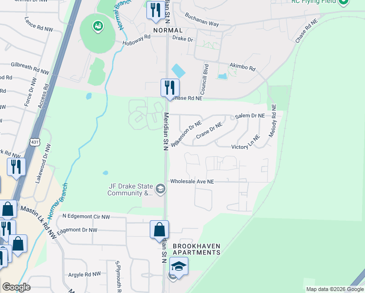 map of restaurants, bars, coffee shops, grocery stores, and more near 184 Wilkenson Drive Northeast in Huntsville
