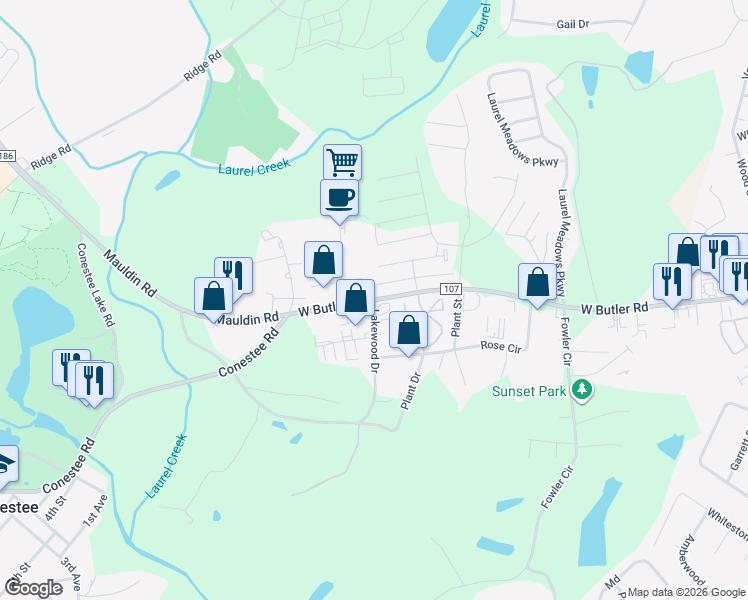 map of restaurants, bars, coffee shops, grocery stores, and more near 1100 West Butler Road in Greenville