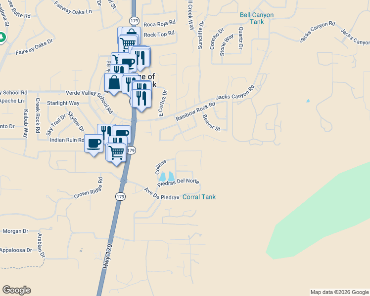 map of restaurants, bars, coffee shops, grocery stores, and more near 200 Palo Verde Circle in Sedona