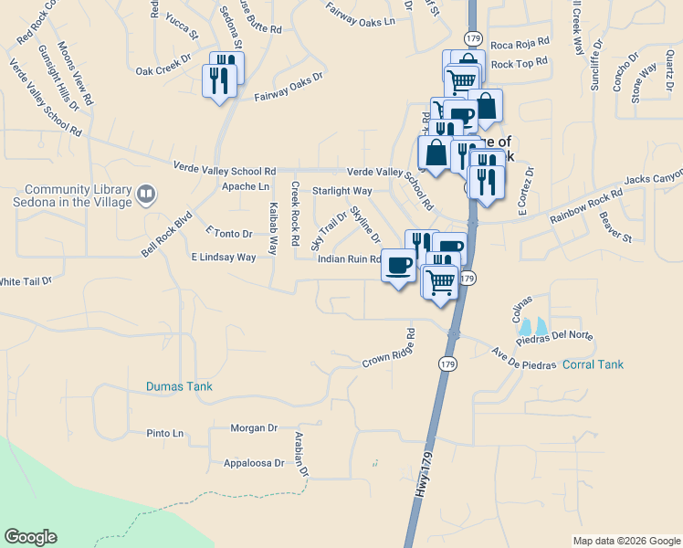 map of restaurants, bars, coffee shops, grocery stores, and more near 80 Indian Ruin Road in Sedona