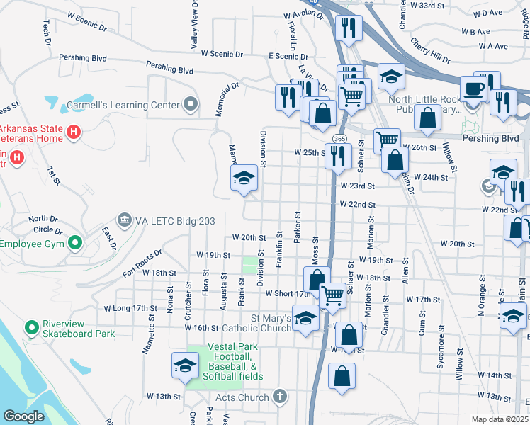 map of restaurants, bars, coffee shops, grocery stores, and more near 2116 Division Street in North Little Rock