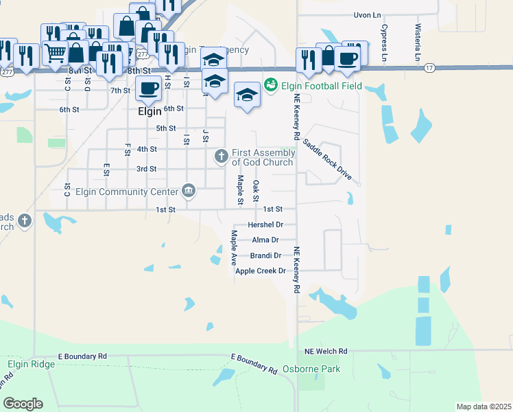 map of restaurants, bars, coffee shops, grocery stores, and more near 105 Oak Street in Elgin