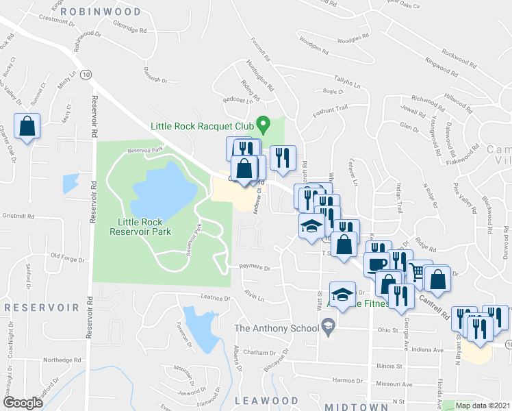 map of restaurants, bars, coffee shops, grocery stores, and more near 2200 Andover Court in Little Rock