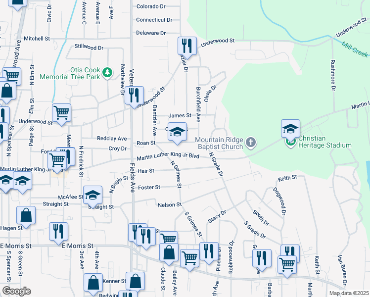 map of restaurants, bars, coffee shops, grocery stores, and more near 1116 Roan Street in Dalton
