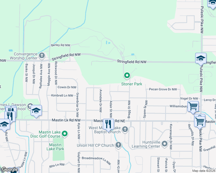map of restaurants, bars, coffee shops, grocery stores, and more near 3704 Adair Street Northwest in Huntsville