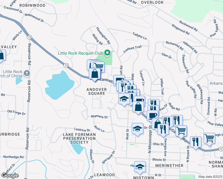 map of restaurants, bars, coffee shops, grocery stores, and more near 8101 Cantrell Road in Little Rock