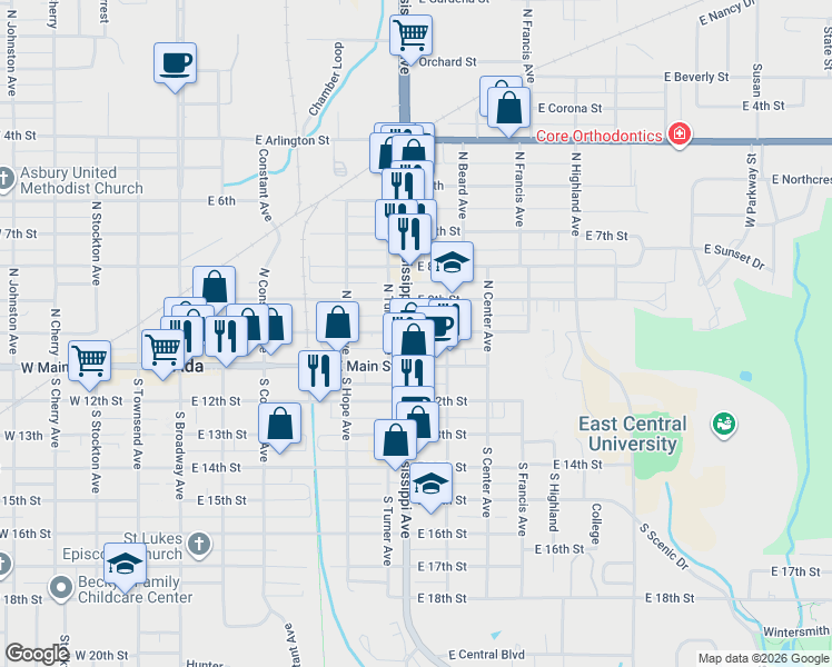 map of restaurants, bars, coffee shops, grocery stores, and more near 736-798 East 10th Street in Ada