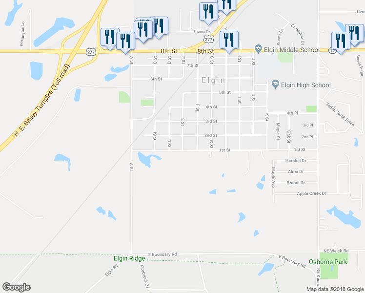 map of restaurants, bars, coffee shops, grocery stores, and more near 119 E Street in Elgin