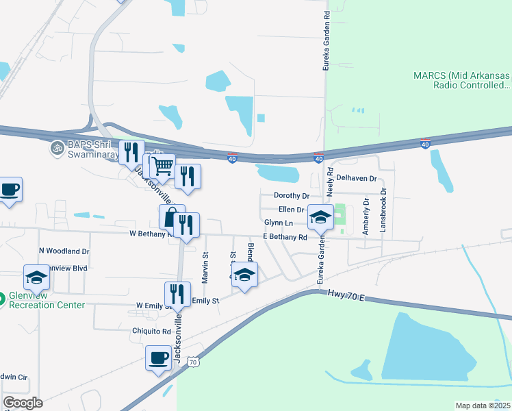 map of restaurants, bars, coffee shops, grocery stores, and more near 313 Glynn Lane in North Little Rock