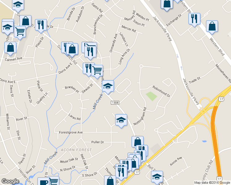 map of restaurants, bars, coffee shops, grocery stores, and more near 113 Settlers Circle in Jacksonville