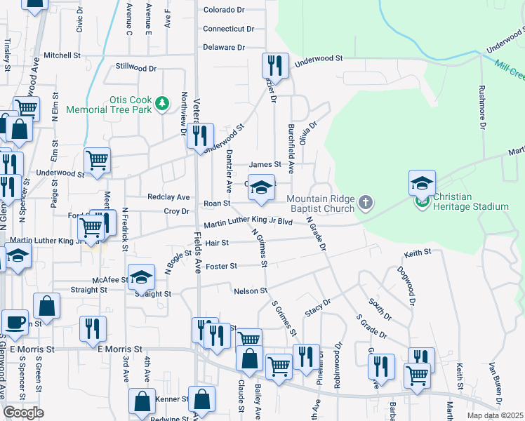 map of restaurants, bars, coffee shops, grocery stores, and more near 1116 Roan Street in Dalton