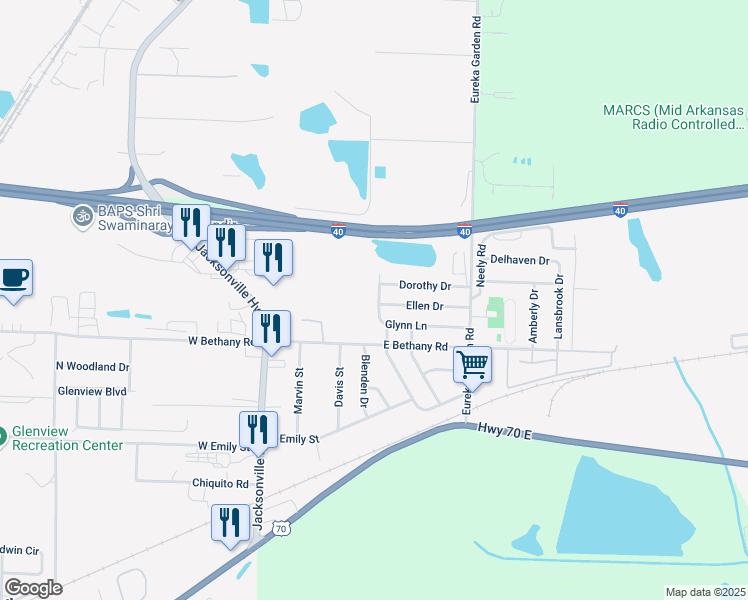 map of restaurants, bars, coffee shops, grocery stores, and more near 313 Glynn Lane in North Little Rock