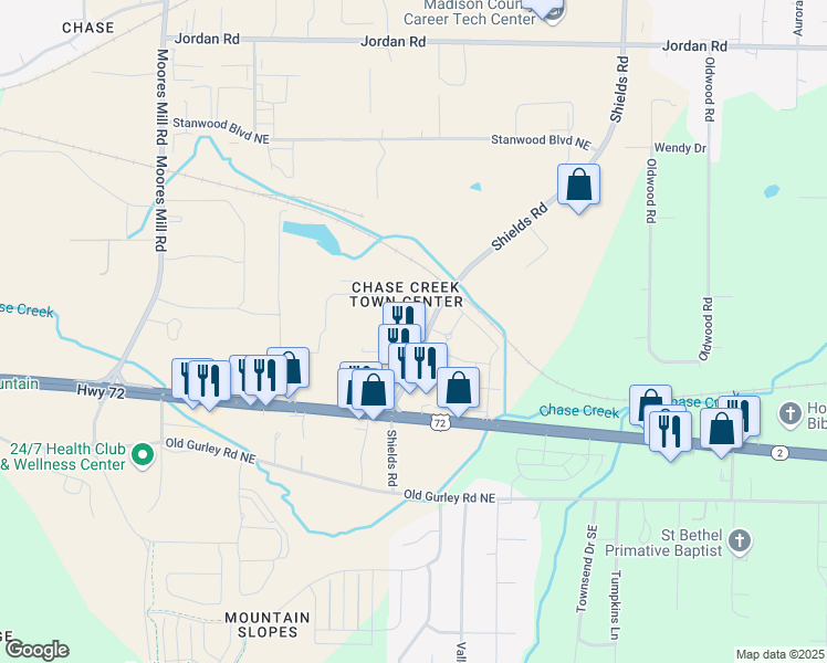 map of restaurants, bars, coffee shops, grocery stores, and more near 46 Shields Road in Huntsville