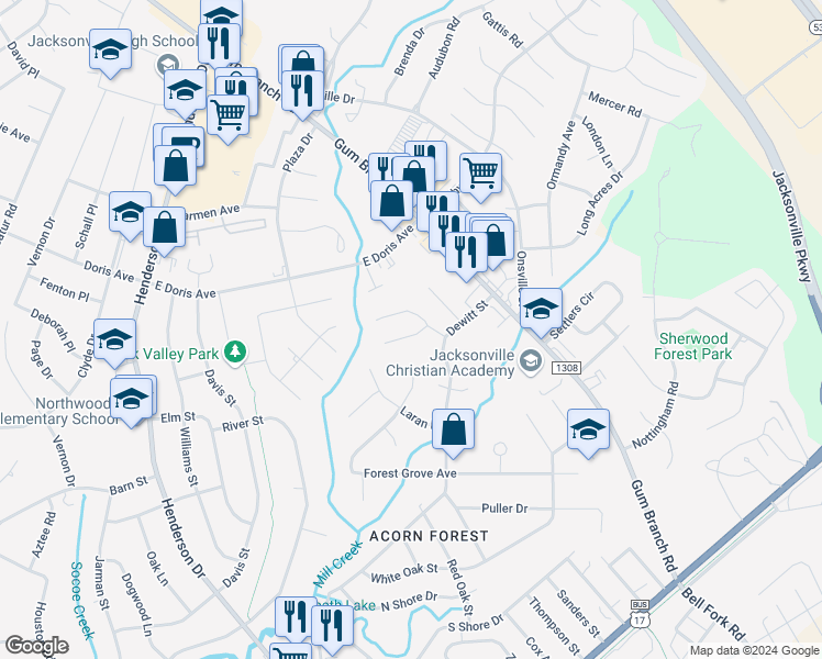 map of restaurants, bars, coffee shops, grocery stores, and more near 108 Greenford Place in Jacksonville