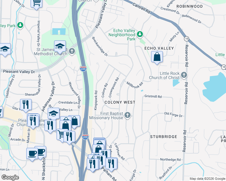 map of restaurants, bars, coffee shops, grocery stores, and more near 24 Crownpoint Road in Little Rock