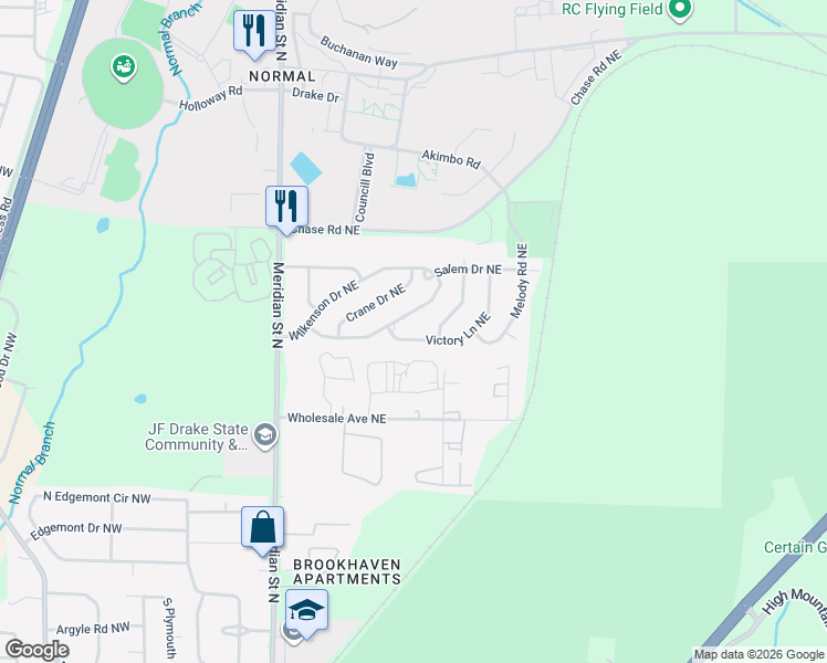 map of restaurants, bars, coffee shops, grocery stores, and more near 3803 Colton Lane Northeast in Huntsville