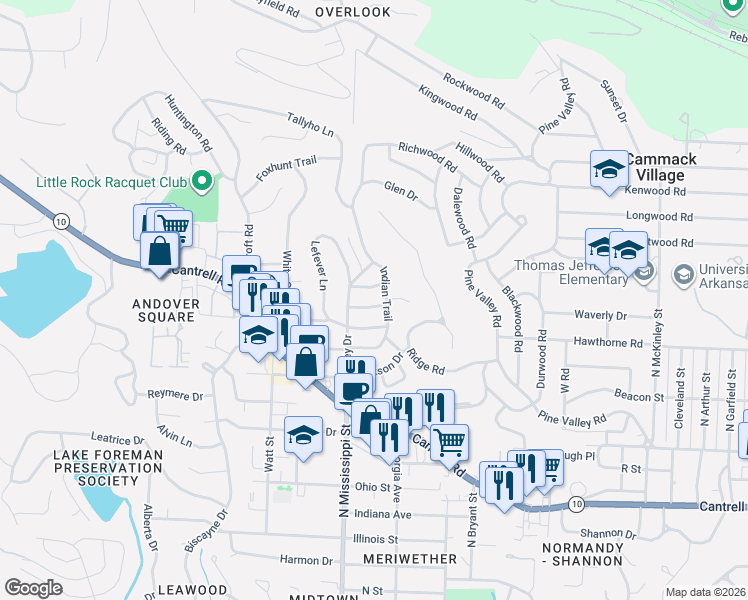 map of restaurants, bars, coffee shops, grocery stores, and more near 1 Myrtle Lane in Little Rock