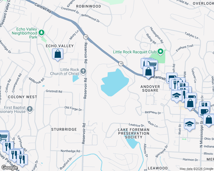 map of restaurants, bars, coffee shops, grocery stores, and more near in Little Rock