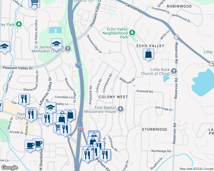 map of restaurants, bars, coffee shops, grocery stores, and more near 24 Crownpoint Road in Little Rock