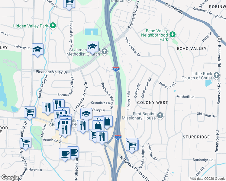 map of restaurants, bars, coffee shops, grocery stores, and more near 3 Kingsbridge Way in Little Rock
