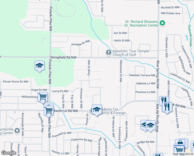 map of restaurants, bars, coffee shops, grocery stores, and more near 3010 Forsythe Drive Northwest in Huntsville