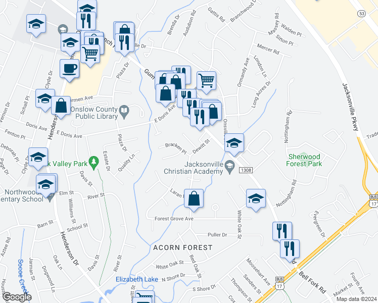 map of restaurants, bars, coffee shops, grocery stores, and more near 202 Bracken Place in Jacksonville