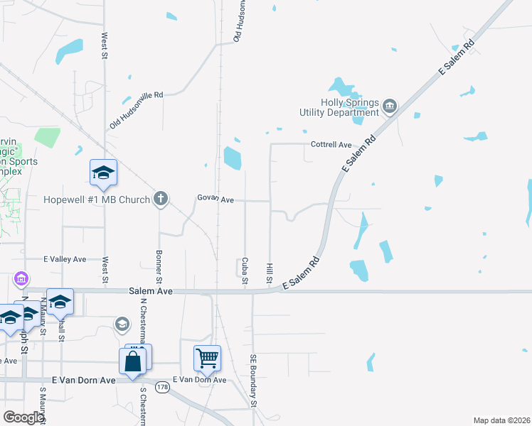 map of restaurants, bars, coffee shops, grocery stores, and more near 374 Hill Street in Holly Springs