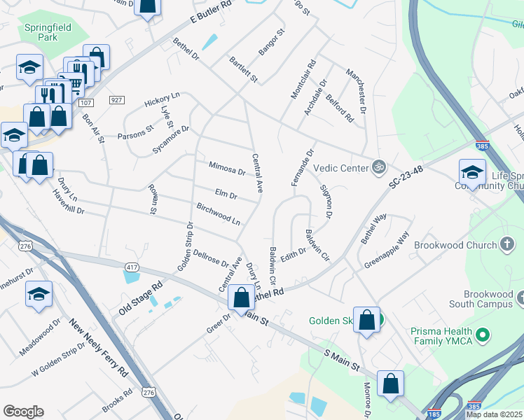 map of restaurants, bars, coffee shops, grocery stores, and more near 500 Central Avenue in Mauldin