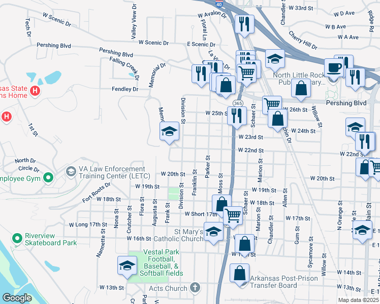 map of restaurants, bars, coffee shops, grocery stores, and more near 1217 West 22nd Street in North Little Rock