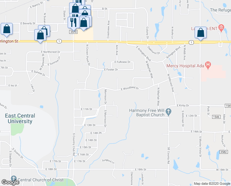 map of restaurants, bars, coffee shops, grocery stores, and more near 2127 East Woodland Drive in Ada