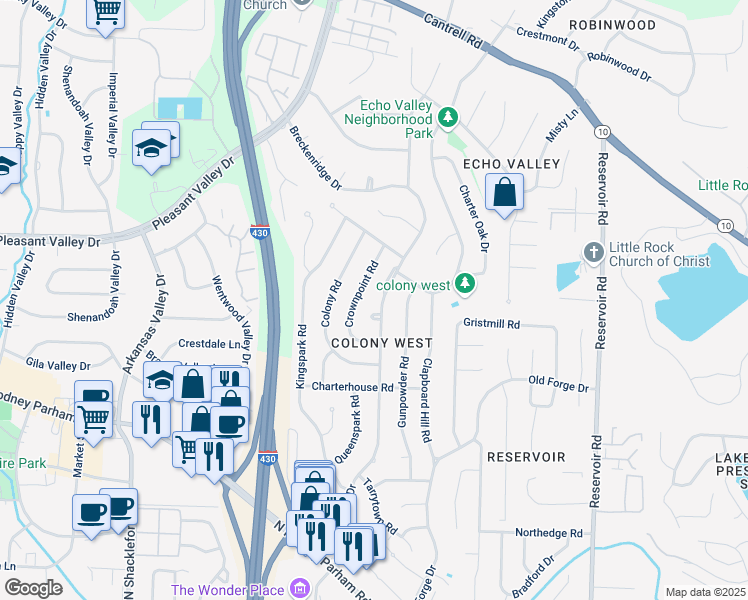 map of restaurants, bars, coffee shops, grocery stores, and more near 2312 Breckenridge Drive in Little Rock