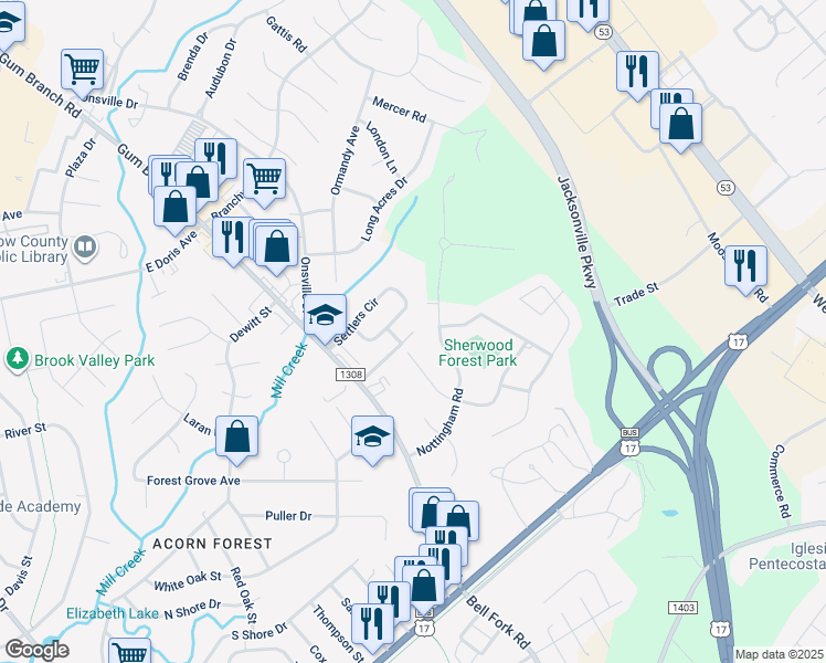 map of restaurants, bars, coffee shops, grocery stores, and more near 301 Nottingham Road in Jacksonville