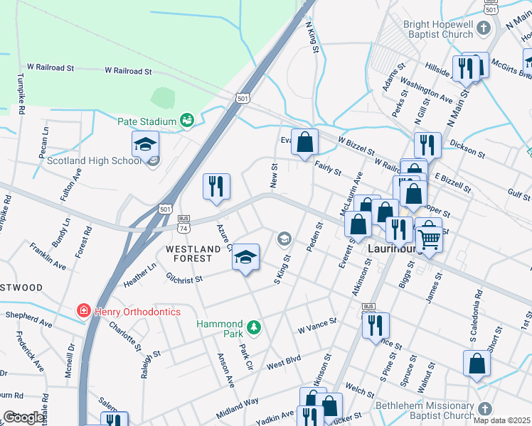 map of restaurants, bars, coffee shops, grocery stores, and more near 414 Lanoca Avenue in Laurinburg