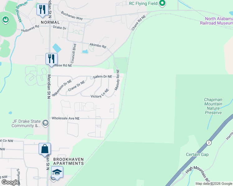 map of restaurants, bars, coffee shops, grocery stores, and more near 3809 Melody Road Northeast in Huntsville