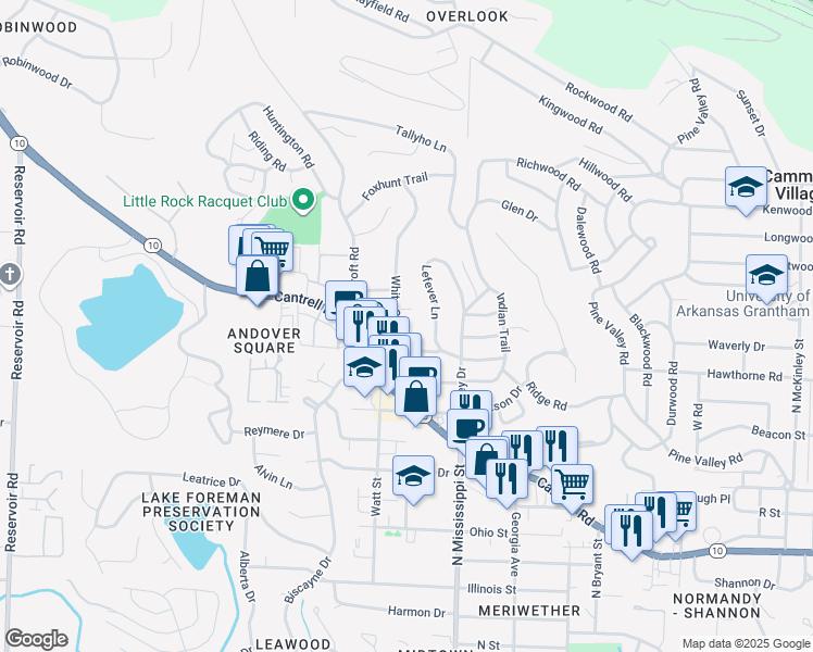 map of restaurants, bars, coffee shops, grocery stores, and more near 77 White Oak Lane in Little Rock