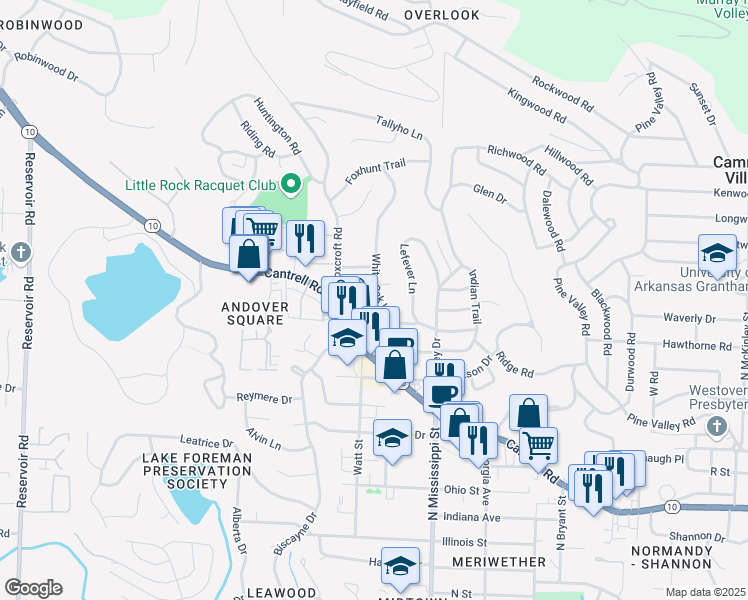 map of restaurants, bars, coffee shops, grocery stores, and more near 77 White Oak Lane in Little Rock