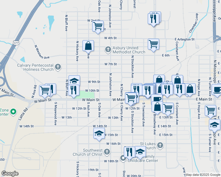 map of restaurants, bars, coffee shops, grocery stores, and more near 209 North Johnston Avenue in Ada