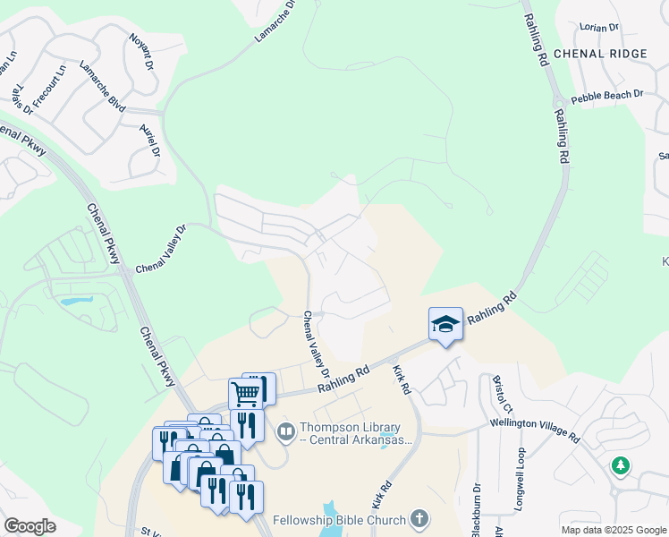 map of restaurants, bars, coffee shops, grocery stores, and more near 1 Chenal Heights Drive in Little Rock