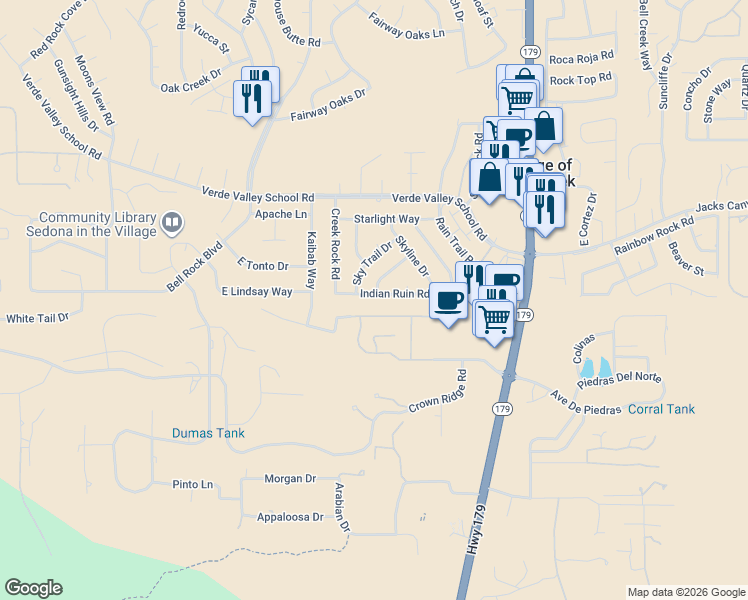 map of restaurants, bars, coffee shops, grocery stores, and more near 80 Indian Ruin Road in Sedona