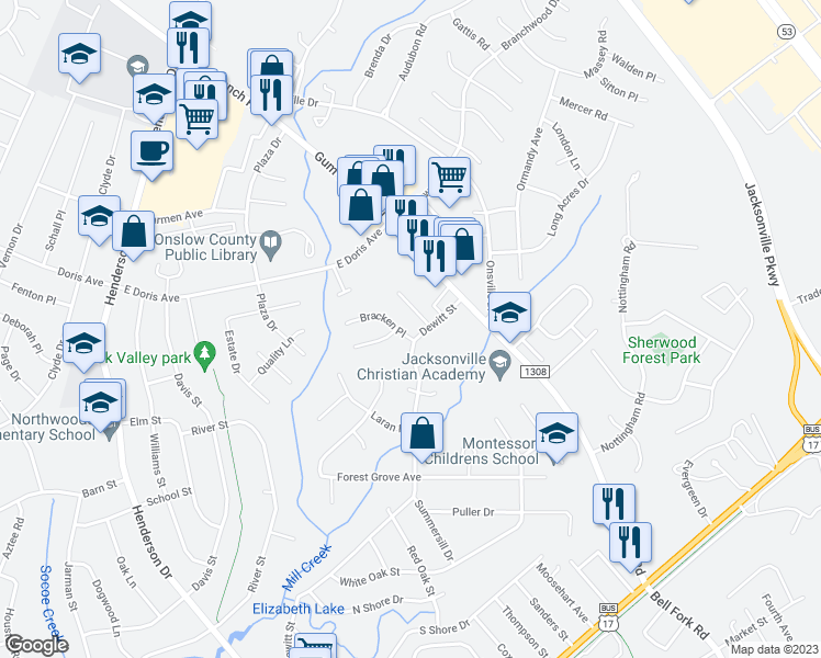 map of restaurants, bars, coffee shops, grocery stores, and more near 204 Bracken Place in Jacksonville