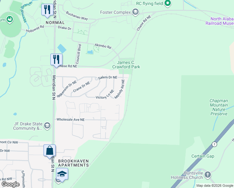 map of restaurants, bars, coffee shops, grocery stores, and more near 3809 Melody Road Northeast in Huntsville