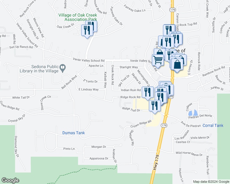 map of restaurants, bars, coffee shops, grocery stores, and more near 20 Indian Ruin Road in Sedona
