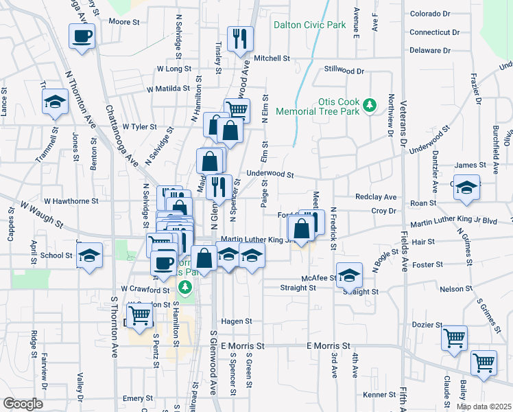 map of restaurants, bars, coffee shops, grocery stores, and more near 506 East Hawthorne Street in Dalton