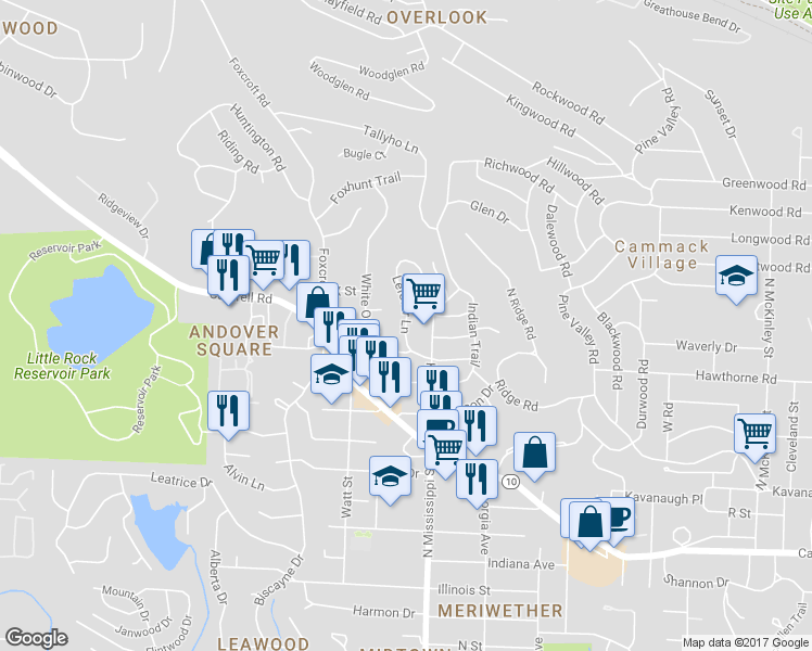 map of restaurants, bars, coffee shops, grocery stores, and more near 69 Lefever Lane in Little Rock