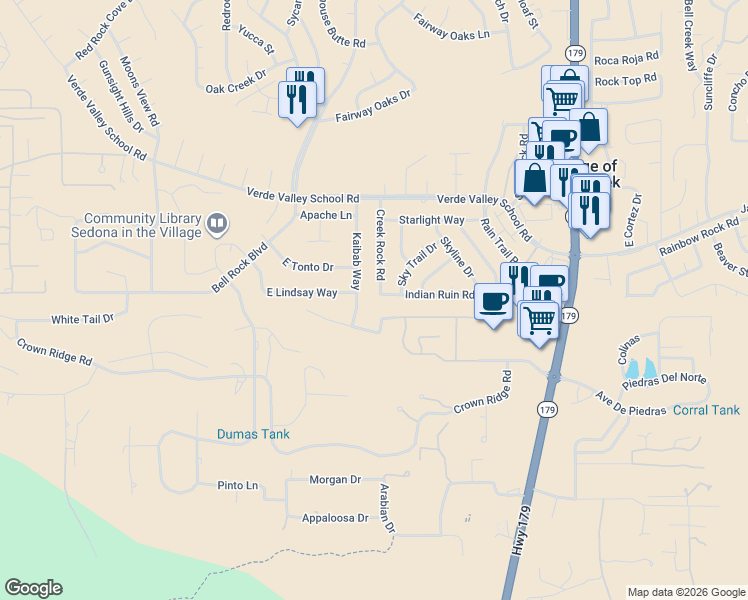 map of restaurants, bars, coffee shops, grocery stores, and more near 20 Indian Ruin Road in Sedona