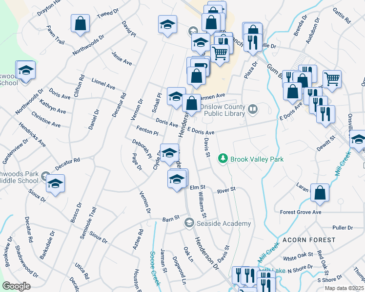 map of restaurants, bars, coffee shops, grocery stores, and more near 728 Henderson Drive in Jacksonville
