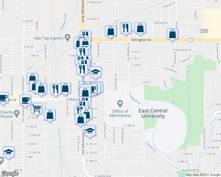 map of restaurants, bars, coffee shops, grocery stores, and more near 924 East 10th Street in Ada