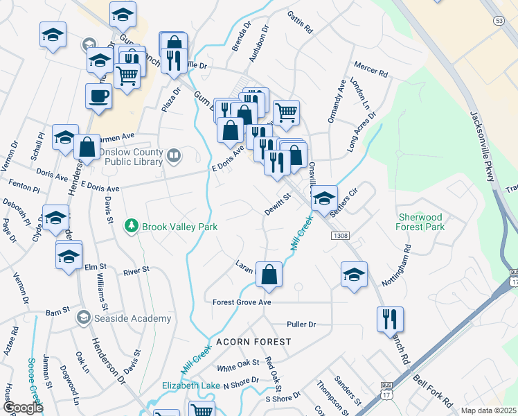 map of restaurants, bars, coffee shops, grocery stores, and more near 206 Bracken Place in Jacksonville