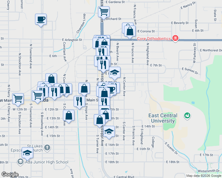 map of restaurants, bars, coffee shops, grocery stores, and more near 736 East 10th Street in Ada