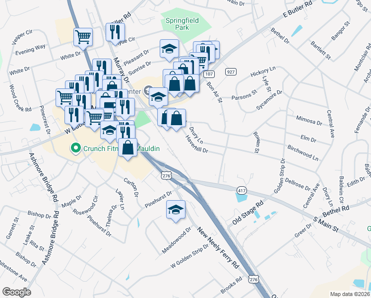 map of restaurants, bars, coffee shops, grocery stores, and more near 400 Bon Air Street in Mauldin